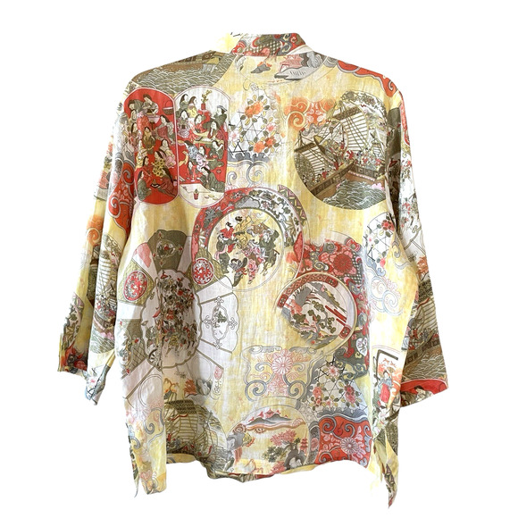 CITRON SANTA MONICA Size XL Linen Button-Up 3/4 Sleeve Asian Print Tunic Top - Picture 4 of 6